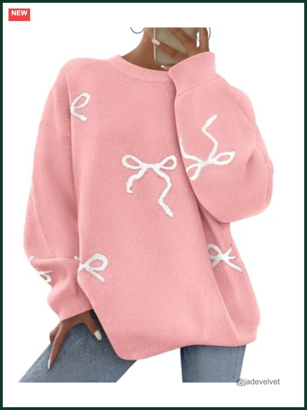 Women Crew Neck Loose Batwing Sleeve Bow Pattern Chunky Knit Pullover Sweater